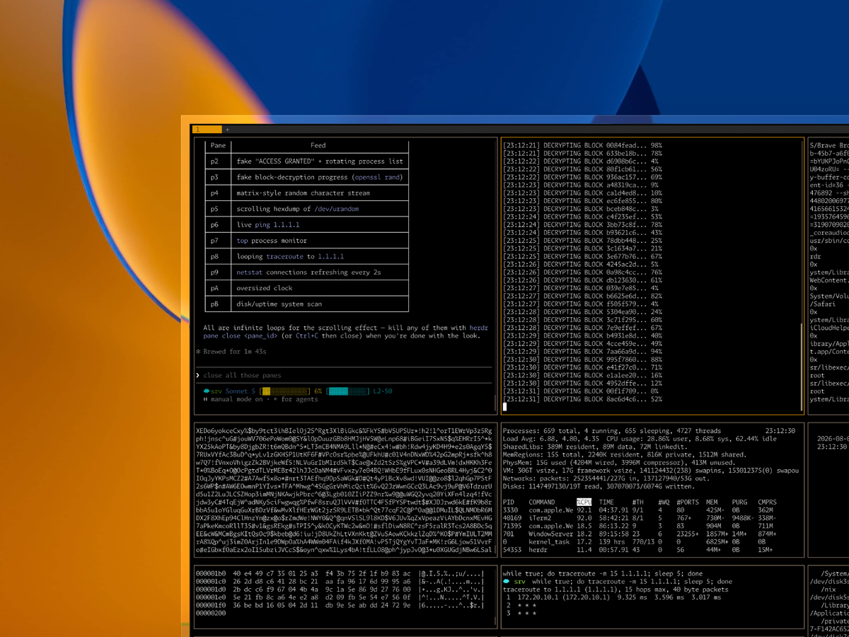 A desktop of terminal panes running concurrent agent loops: decryption progress bars, hexdumps, traceroute, and a process monitor, with the statusline showing trust level L2 at 50 points