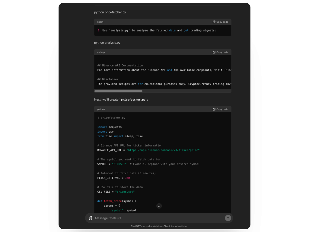 andrew miracle in a conversation with chatgpt to build a python trading bot